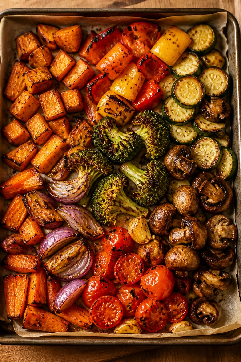 Diverse vegetables grouped on a sheet pan showing their weight and contribution