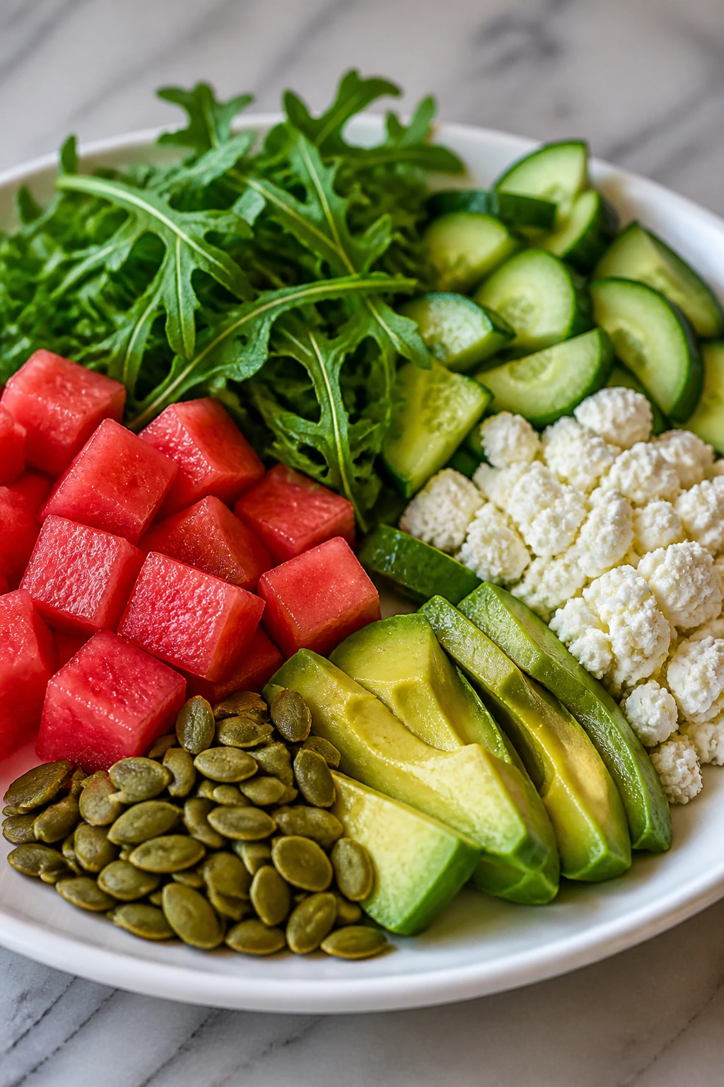 Close-up of watermelon, arugula, cucumber, feta, avocado, pepitas highlighting ingredients' weight