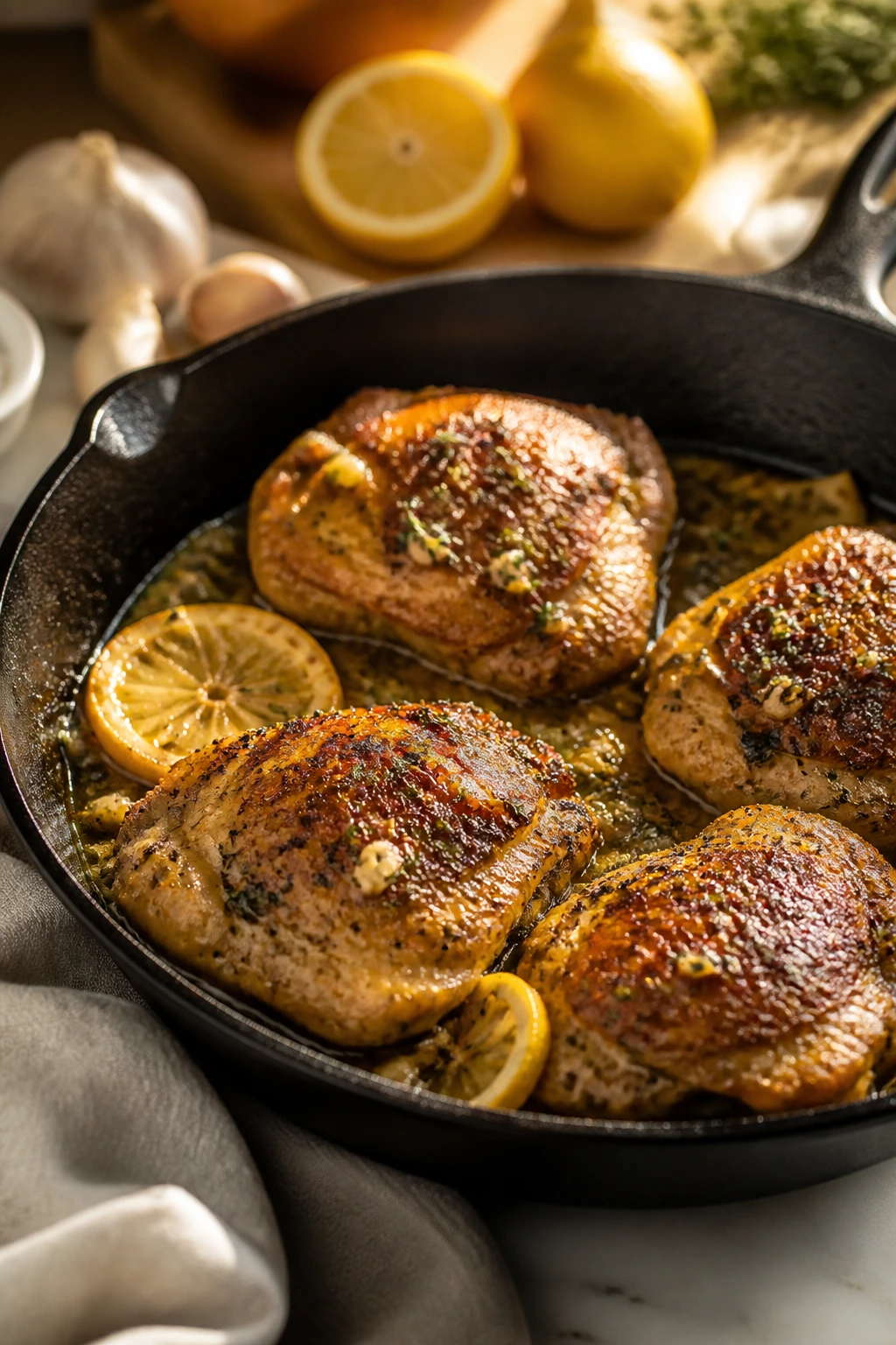 Lemon garlic chicken thighs with background ingredients hinting shopping list