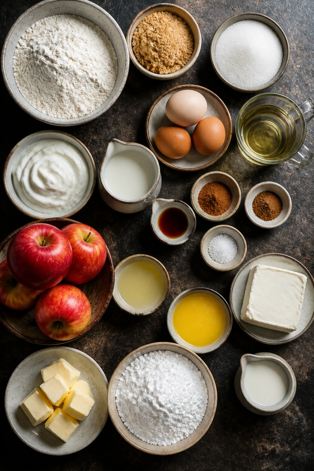 Top-down still life of baking ingredients arranged on a dark surface