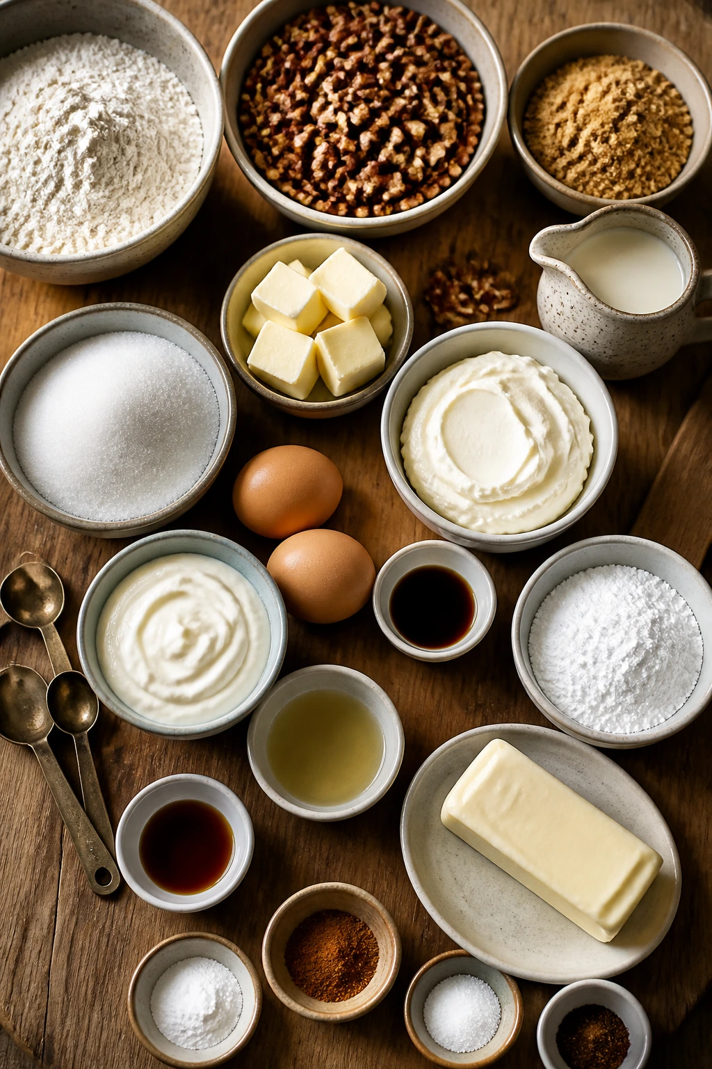 Top-down view of baking ingredients arranged for pecan crumble