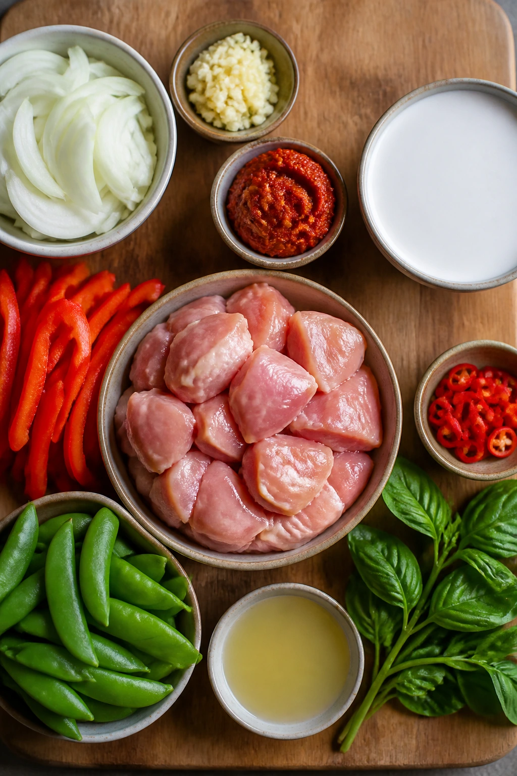 Top-down view of ready-to-cook curry ingredients arranged on board