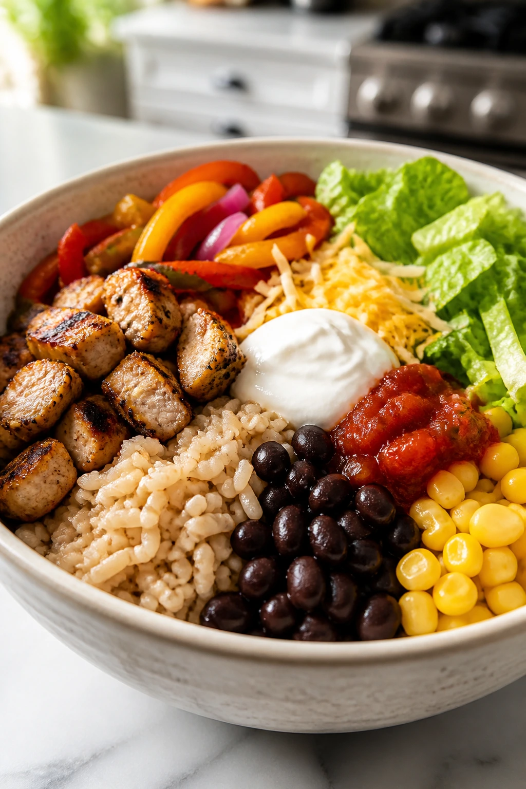 Bowl with chicken, peppers, rice, beans, corn, salsa, yogurt sauce and romaine