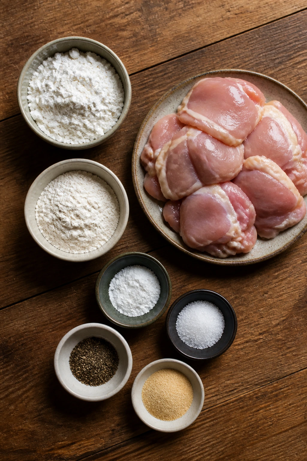 Top-down view of ingredient bowls and chicken thighs on a counter