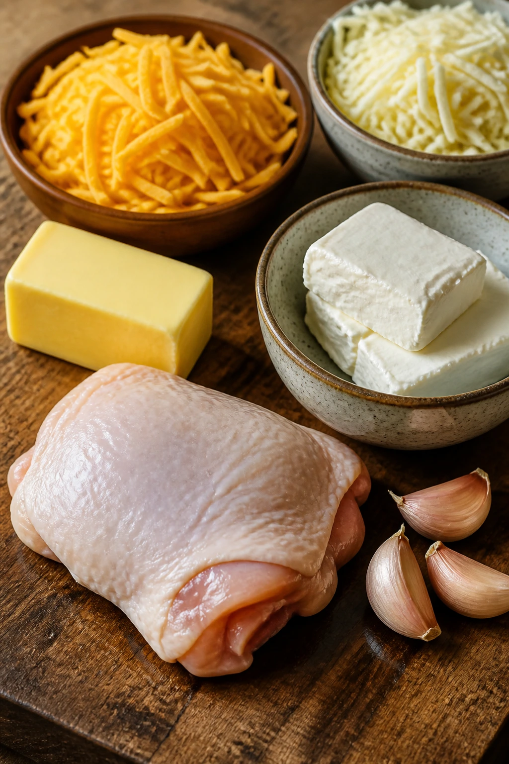 Close-up of chicken thigh with butter, cream cheese, and cheese on board