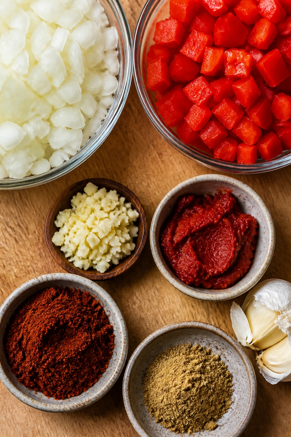Top-down view of key soup ingredients on a cutting board