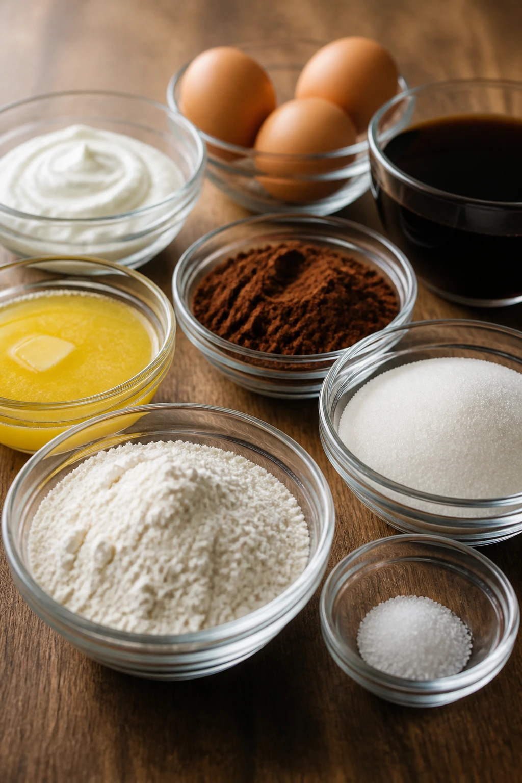 Essential cake ingredients in plain glass bowls on a wooden counter