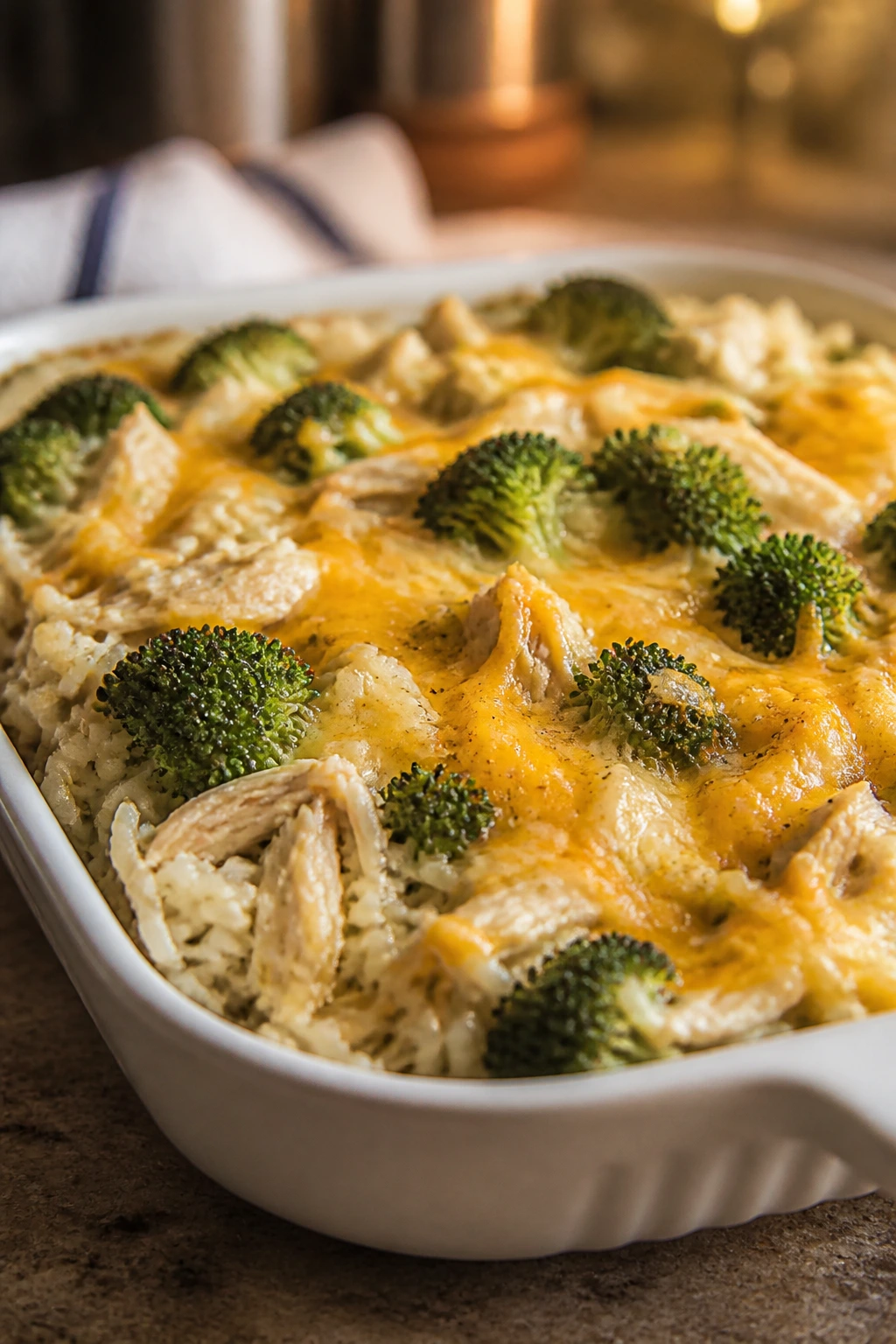 Close-up of chicken, broccoli, rice and cheese in baked casserole