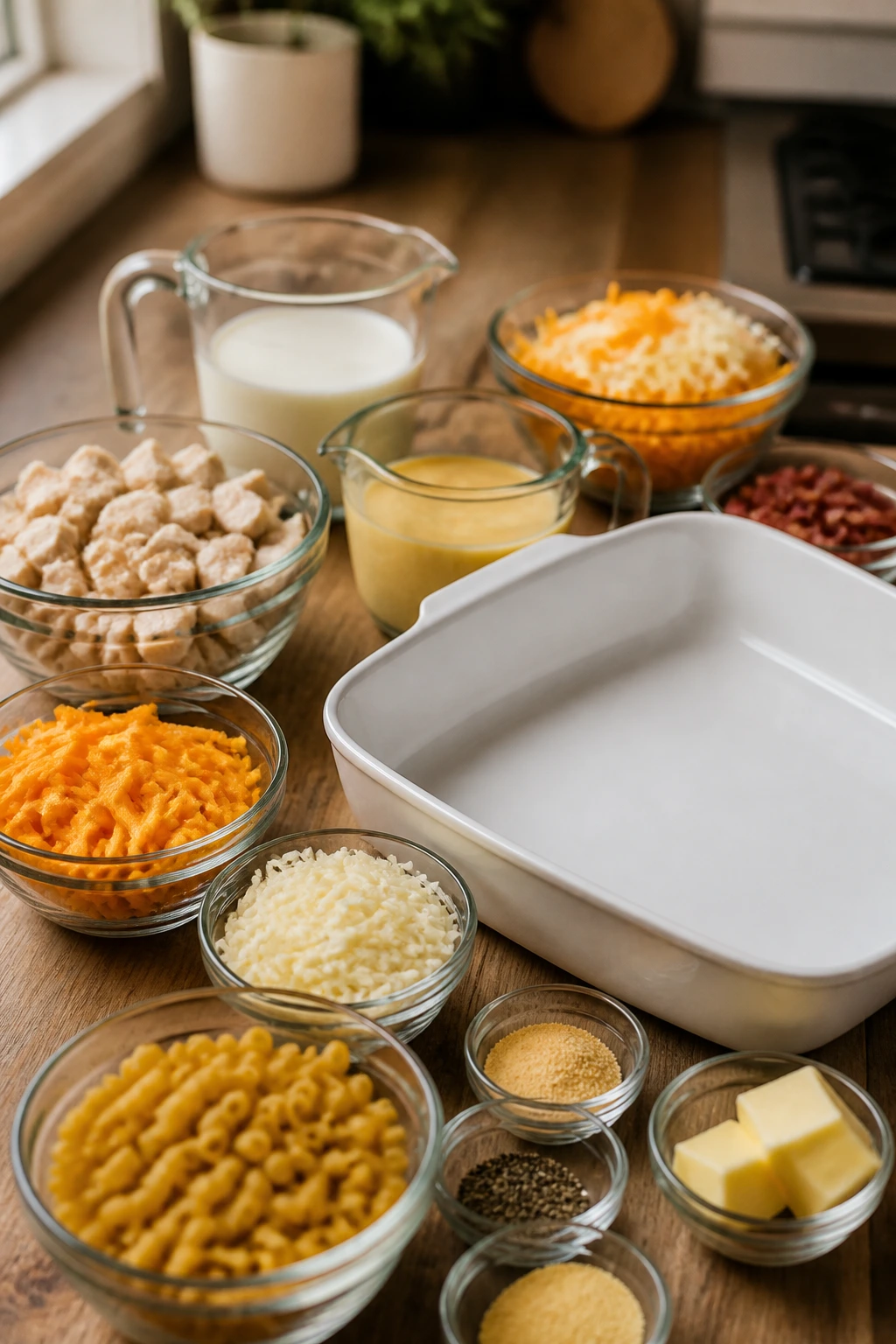 Ingredients arranged around a pan on a wooden kitchen counter for a casserole