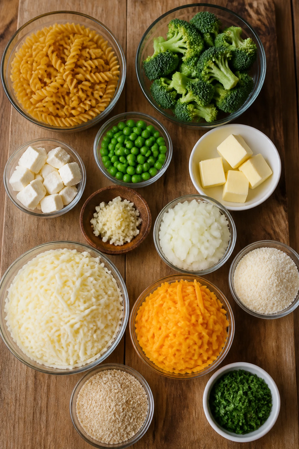 Top-down board of casserole ingredients including pasta, broccoli, peas, cheeses, butter and herbs