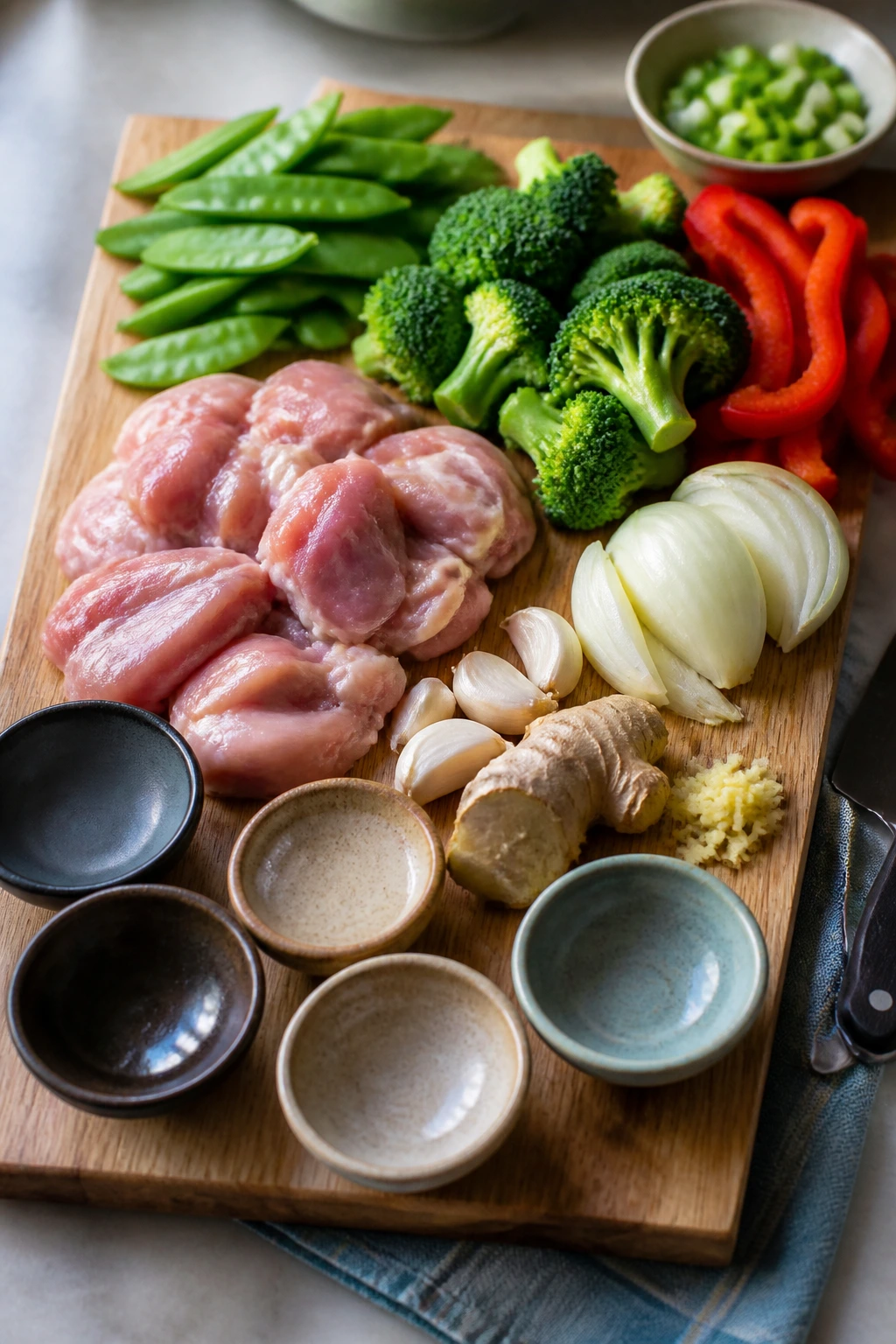 Raw ingredients for stir-fry arranged on cutting board