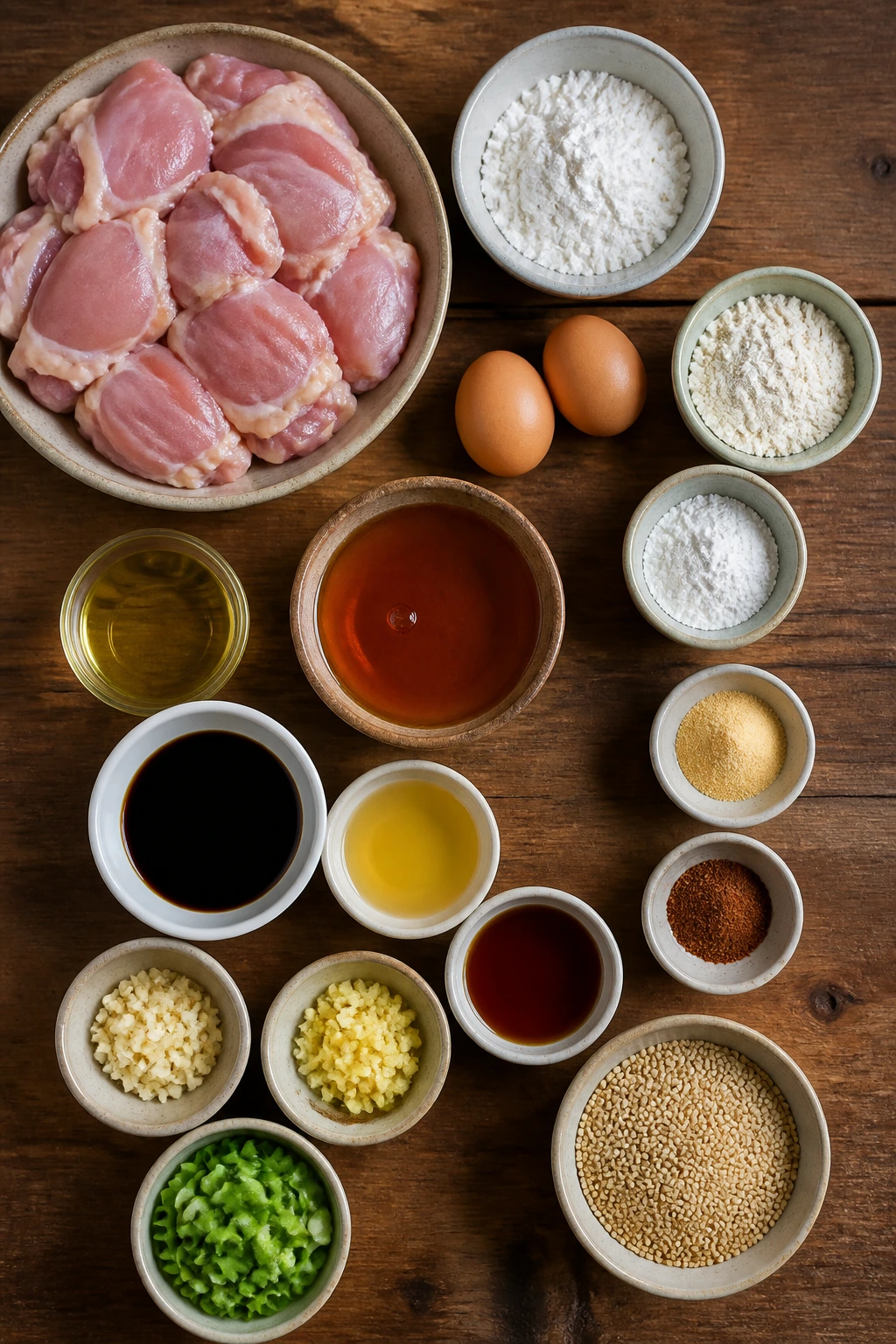 Assorted ingredients laid out for crispy honey sesame chicken