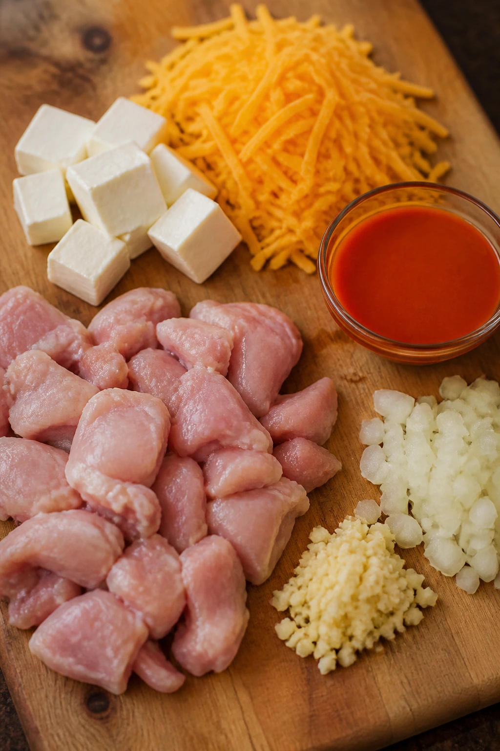 Top-down view of main ingredients for creamy buffalo chicken on cutting board