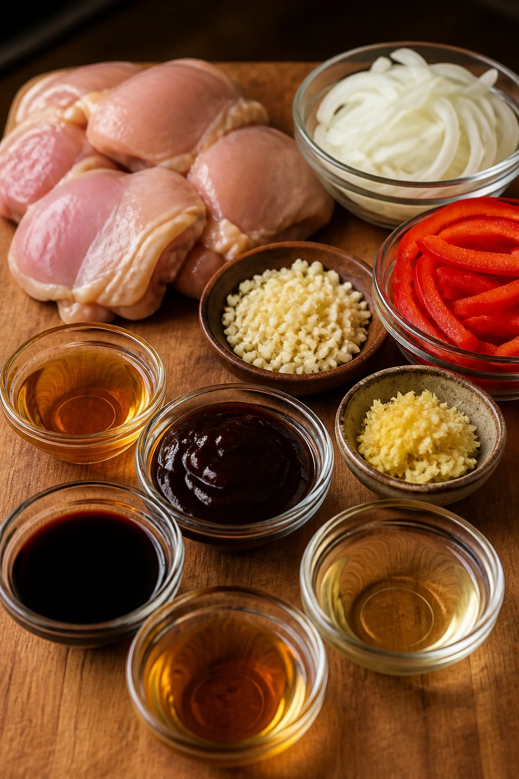 Close-up of chicken thighs and ingredients on a wooden board for a quick crockpot dish