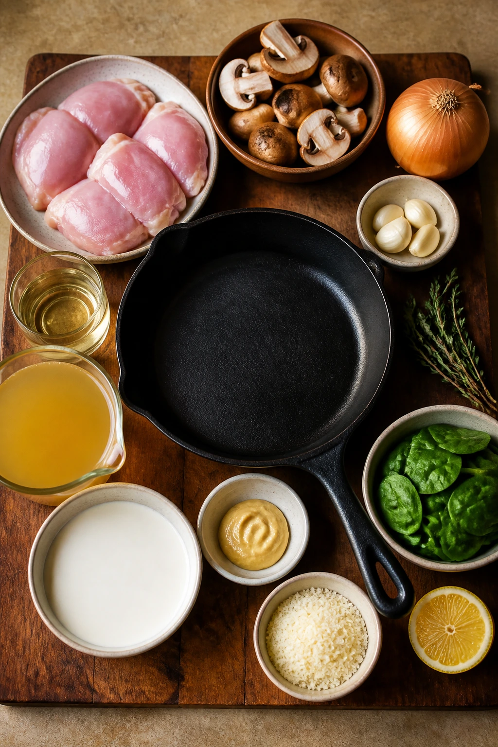 Top-down view of raw ingredients for the skillet arranged on a board.