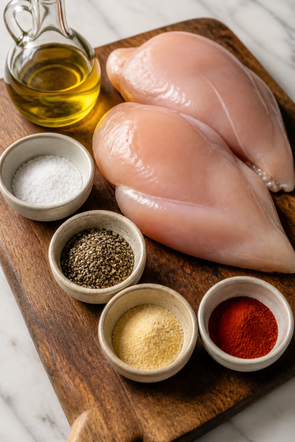 Close-up of essential chicken ingredients laid out on a wooden board
