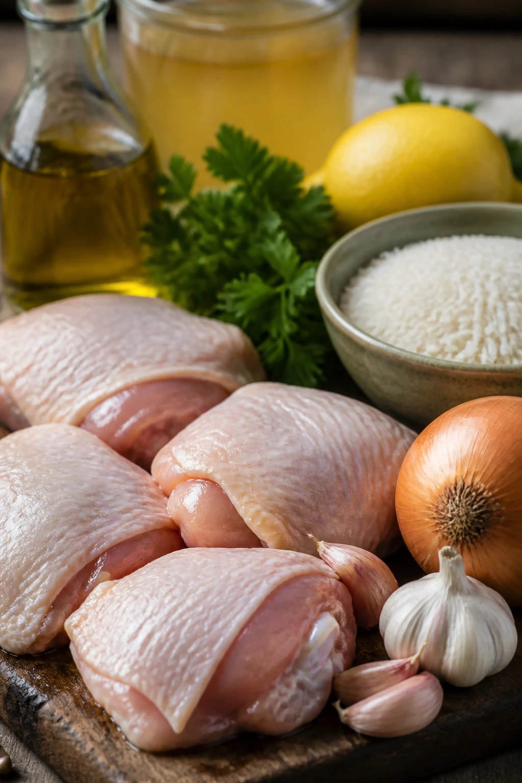 Still-life of key ingredients for dairy-free chicken and rice