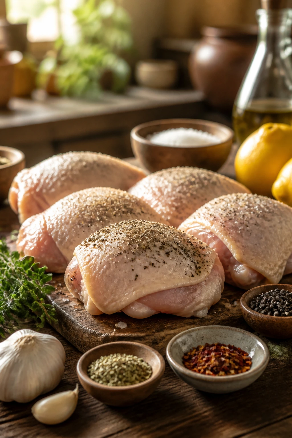 Rustic board with essential ingredients for Mediterranean chicken