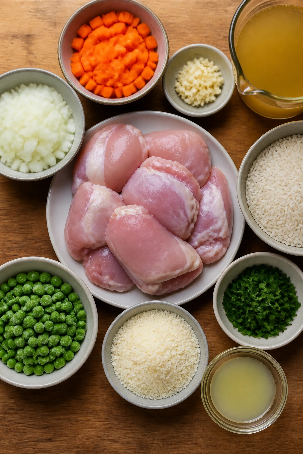 Top-down view of raw ingredients for one-pan chicken and rice dinner on a wooden board