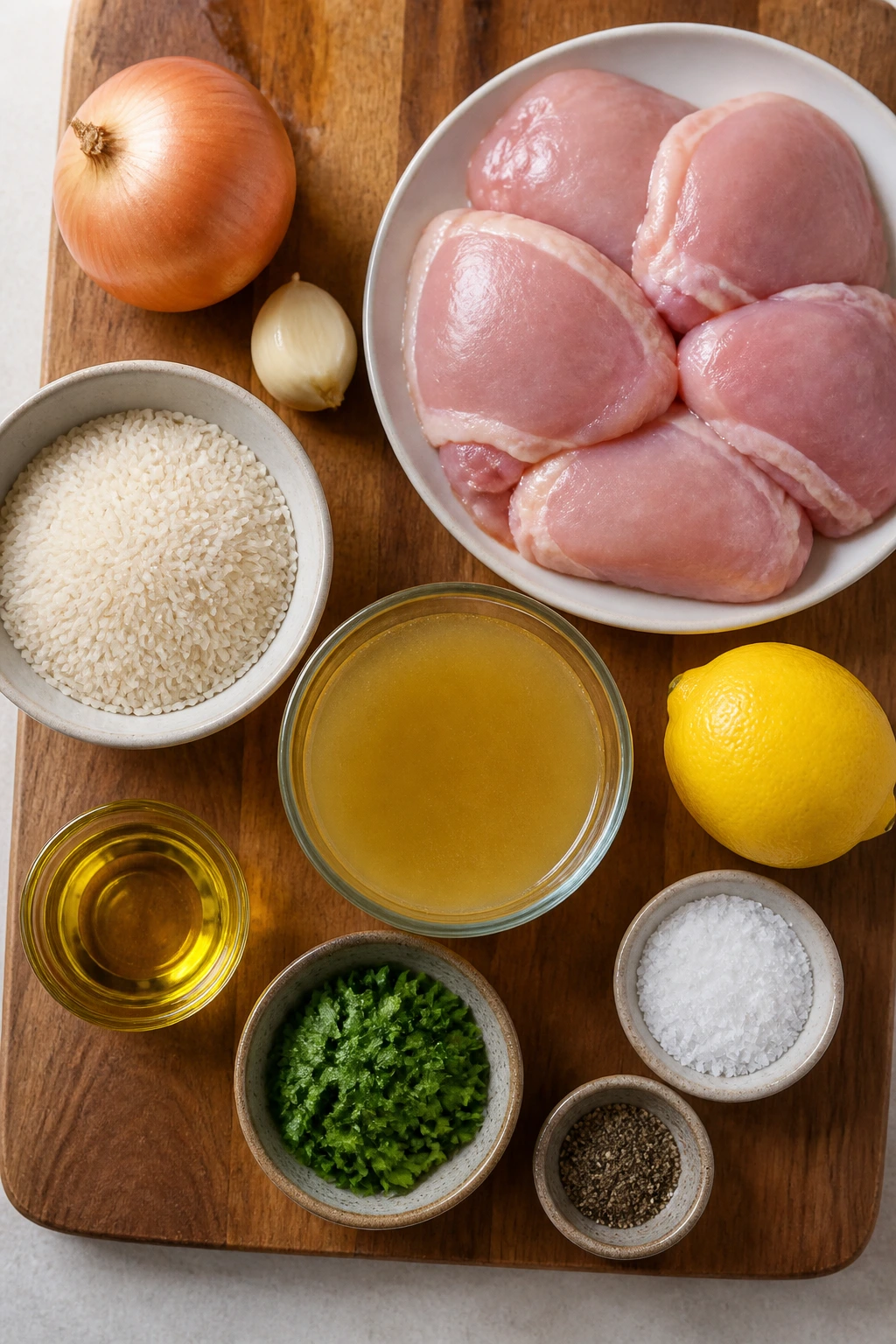 Top-down view of key ingredients for dairy-free chicken and rice on a wooden board.