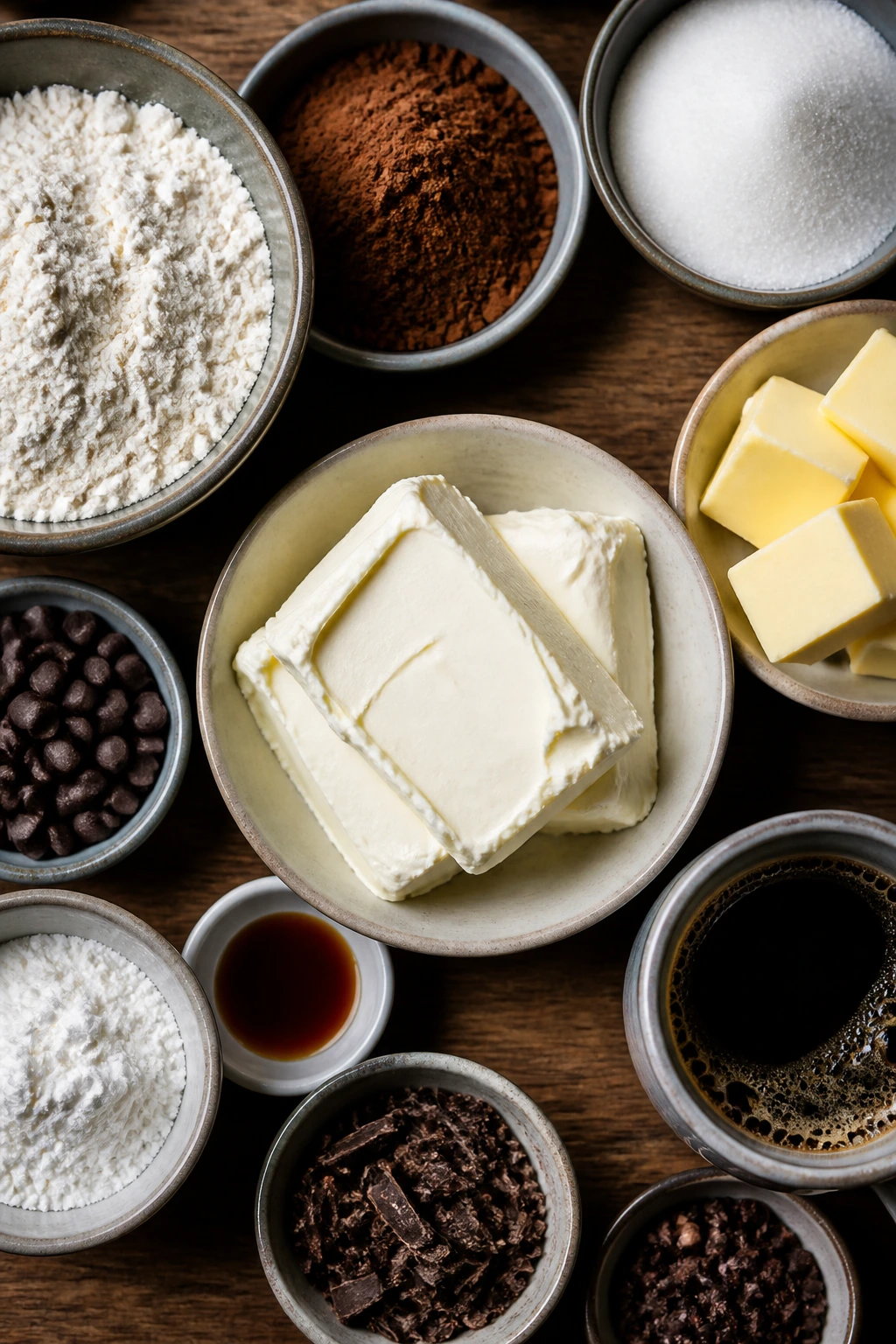 Top-down shot of raw baking ingredients arranged on a wooden board for a shopping list concept