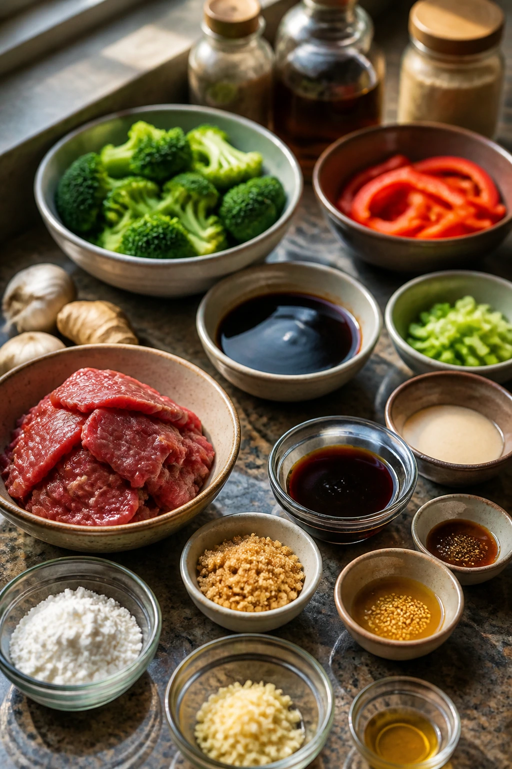 Assorted ingredients in small bowls on kitchen counter
