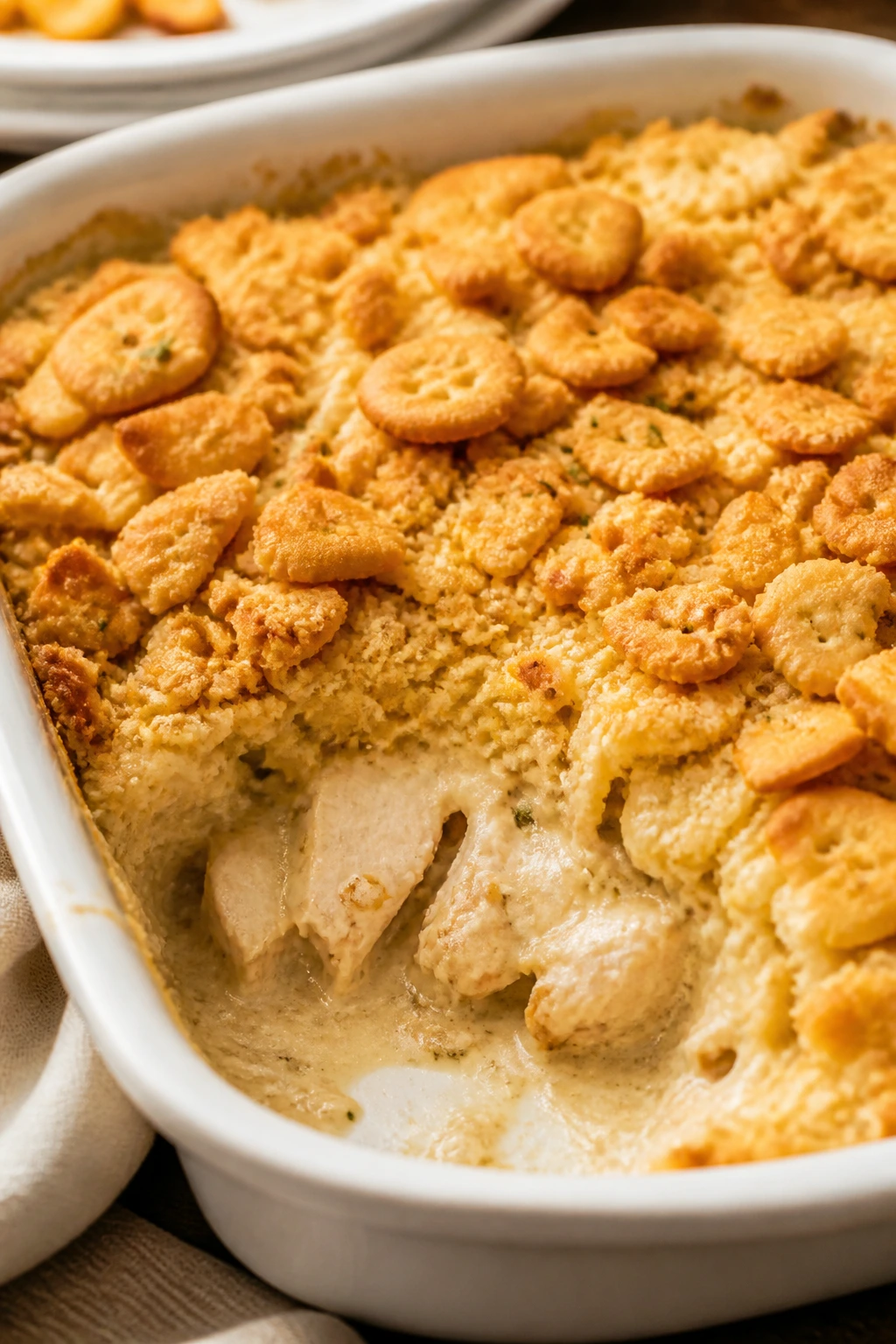 Casserole with creamy sauce and Ritz crumb topping visible