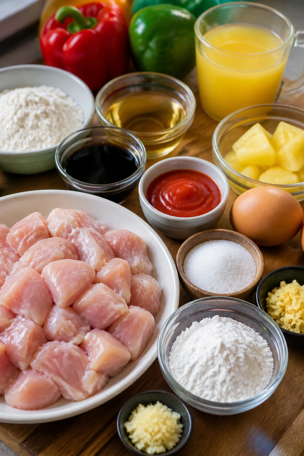 Raw ingredients for sweet and sour sauce and coating laid out on cutting board