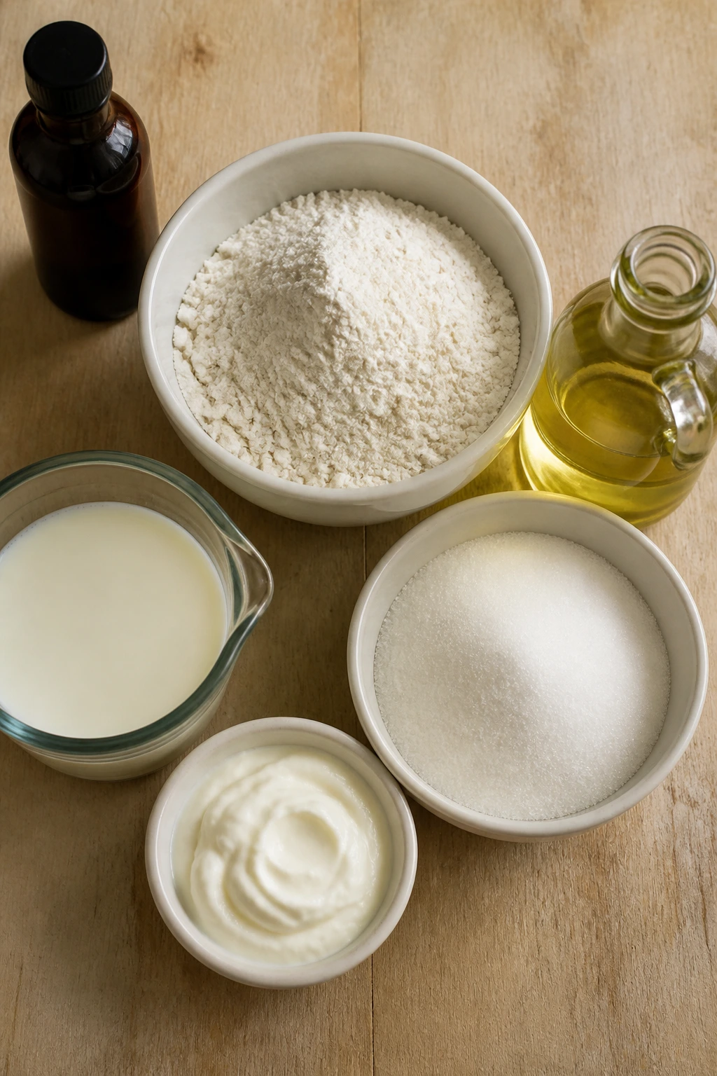 Close-up of key cupcake ingredients arranged in a circle on a light wooden surface