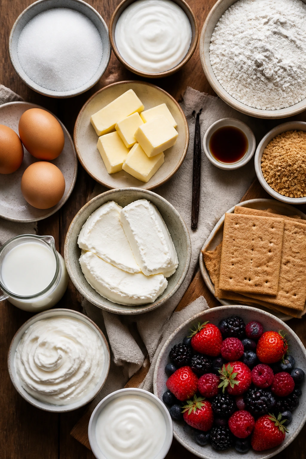 Top-down still life of ingredient components arranged for cheesecake trifle.