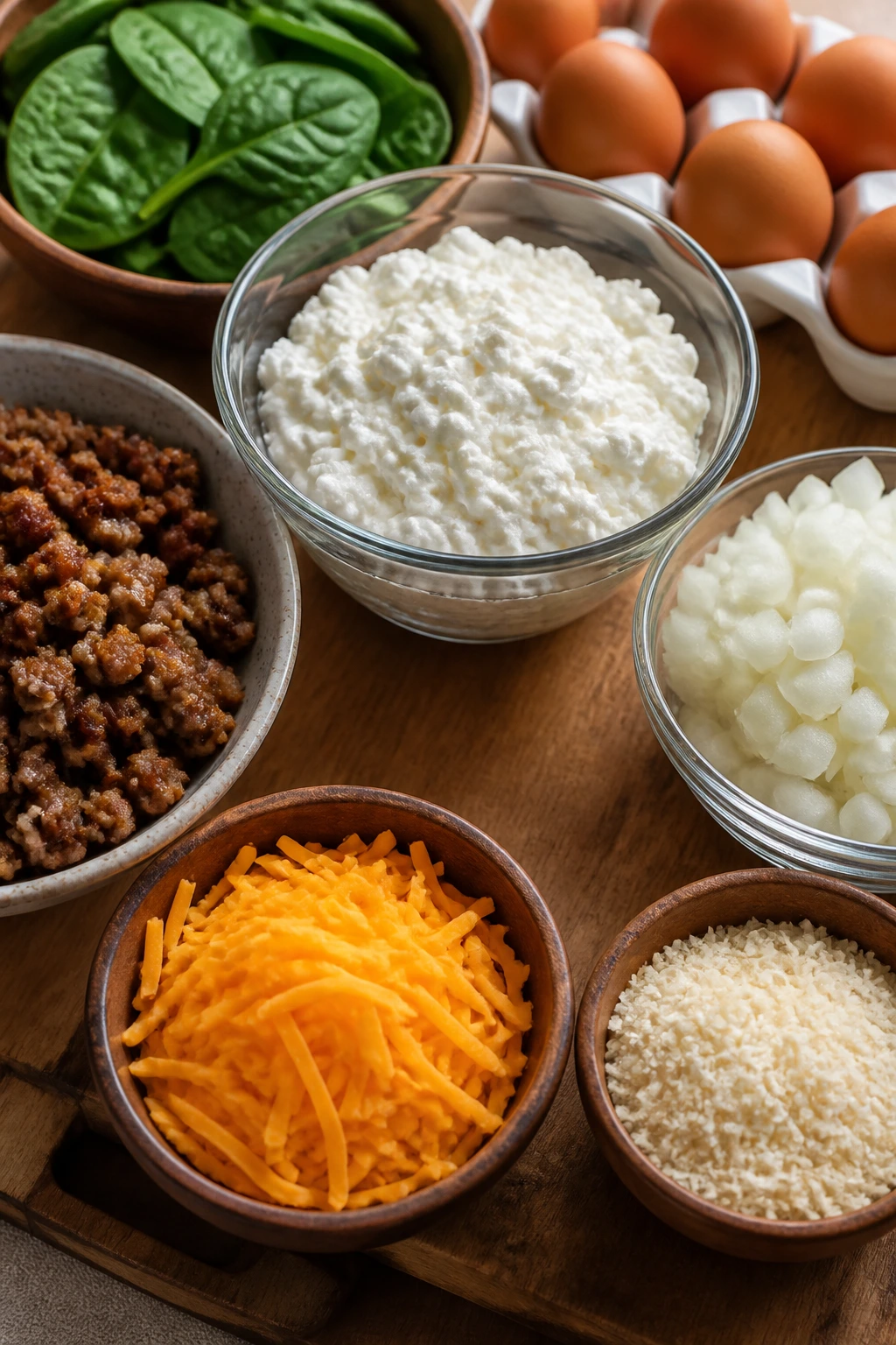 Ingredients for cottage cheese breakfast bake arranged on a board.