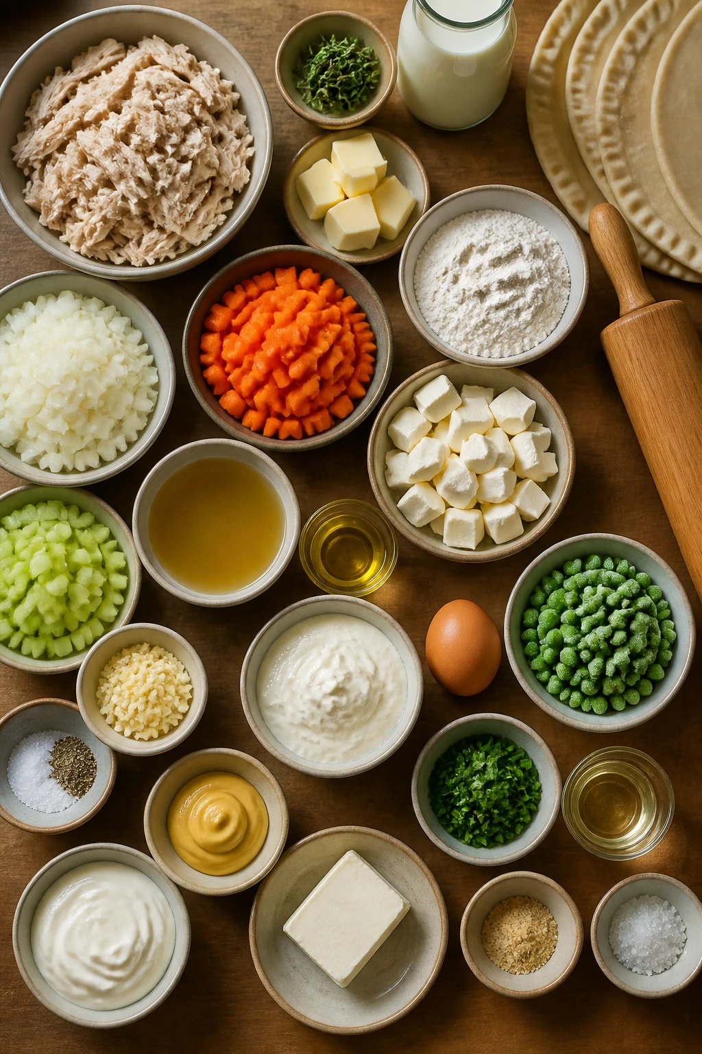 Top-down arrangement of ingredients for filling, crust, and frosting