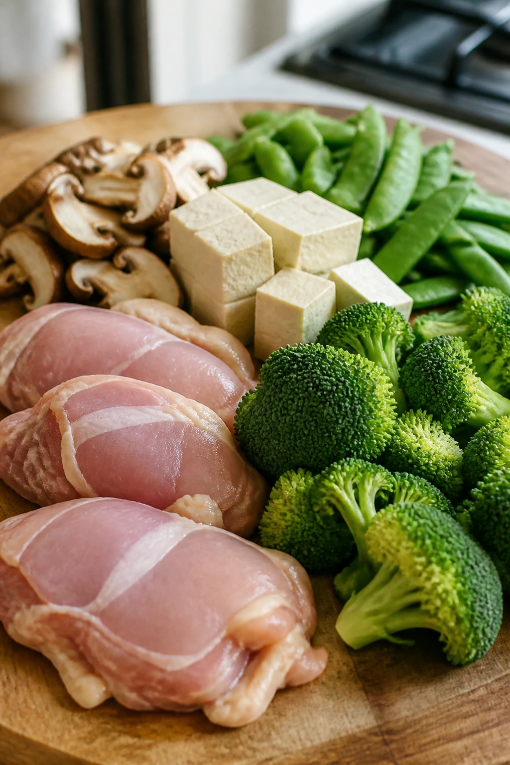 Fresh ingredients on a wooden board ready for stir-fry