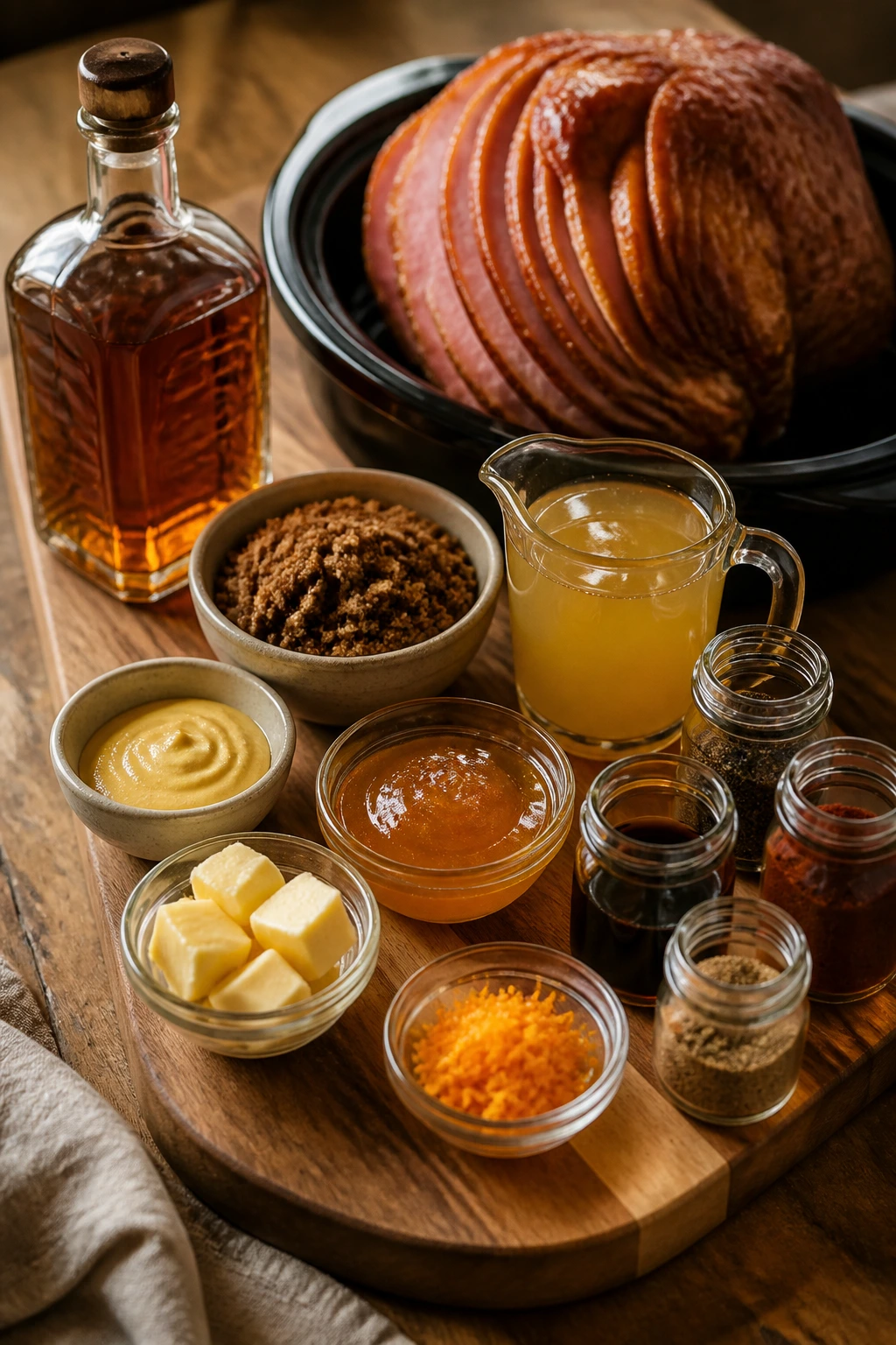 Top-down arrangement of key glaze ingredients on wood board