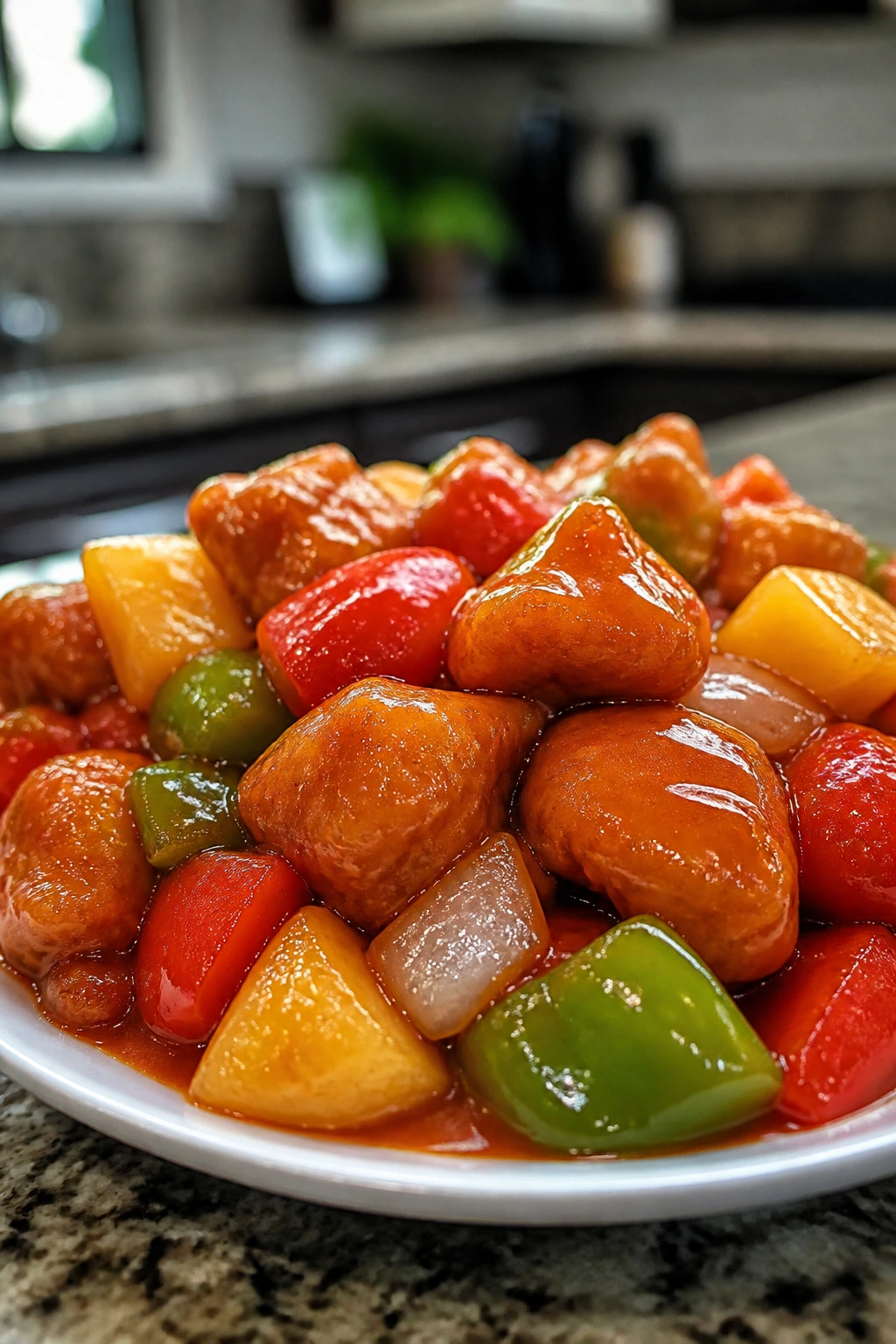 Plated sweet-and-sour chicken with peppers and pineapple, glossy sauce