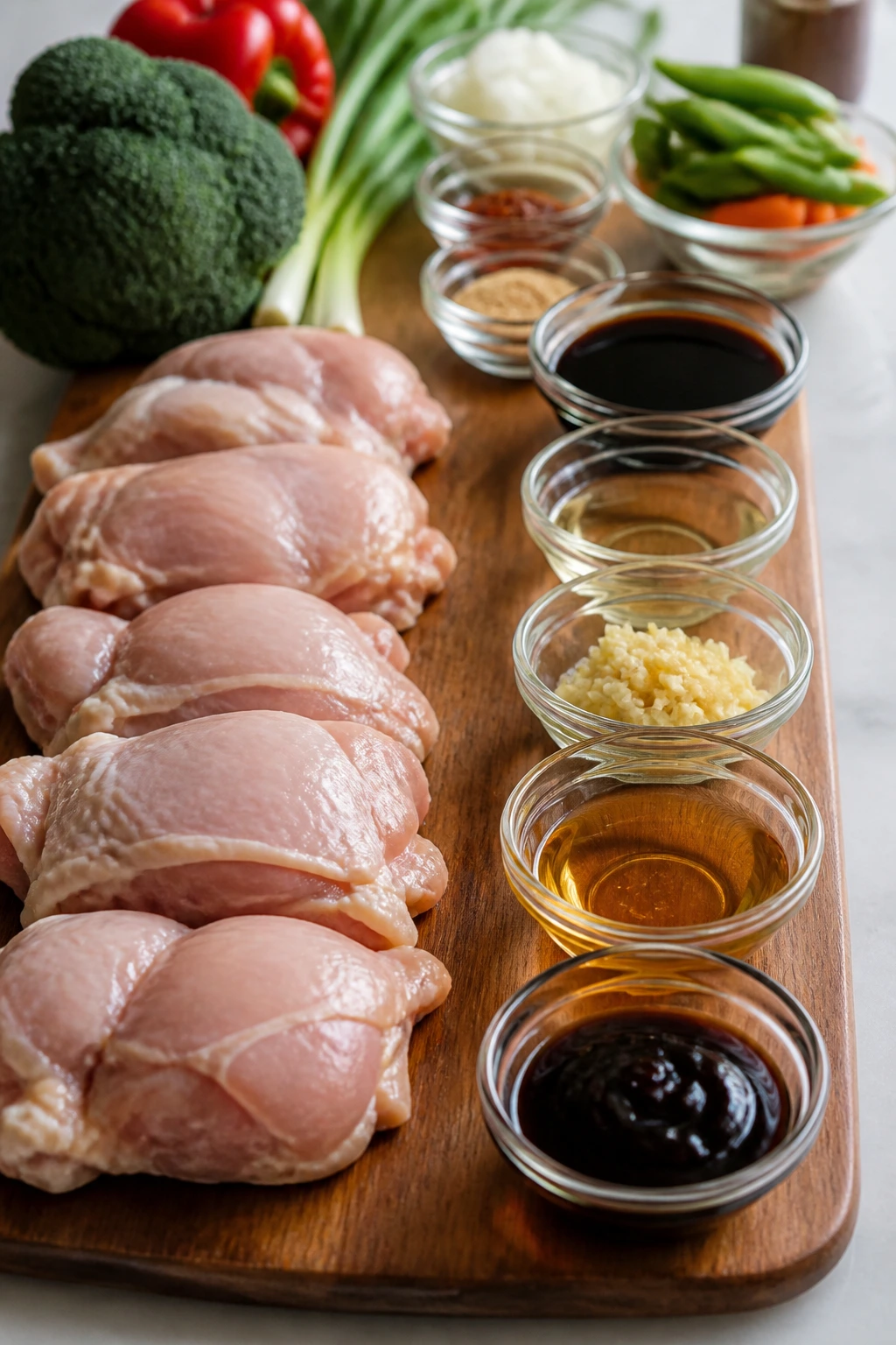 Wood cutting board with raw chicken thighs and unlabeled bowls of sauces arranged