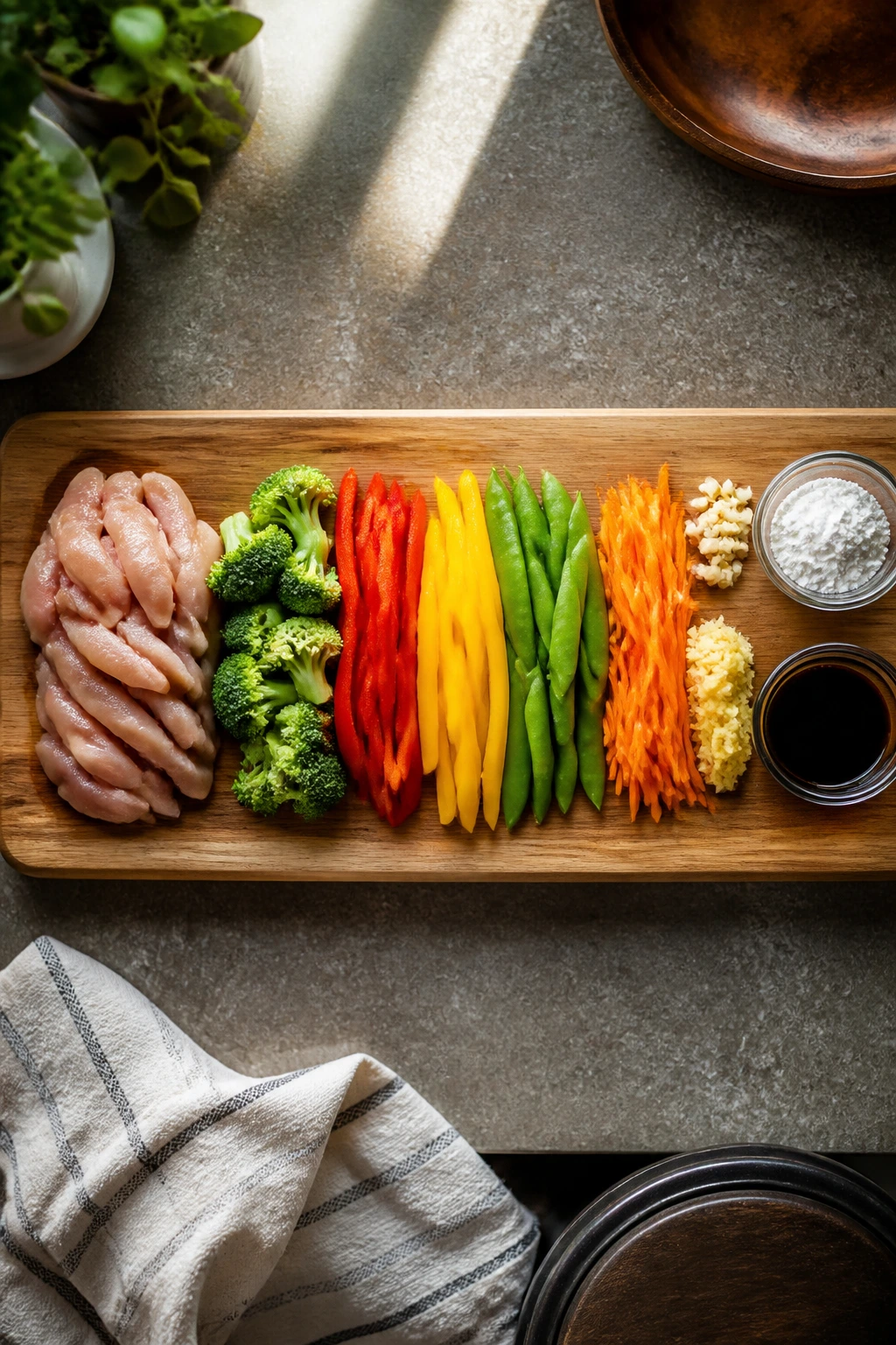 Top-down lineup of stir-fry ingredients ready to cook