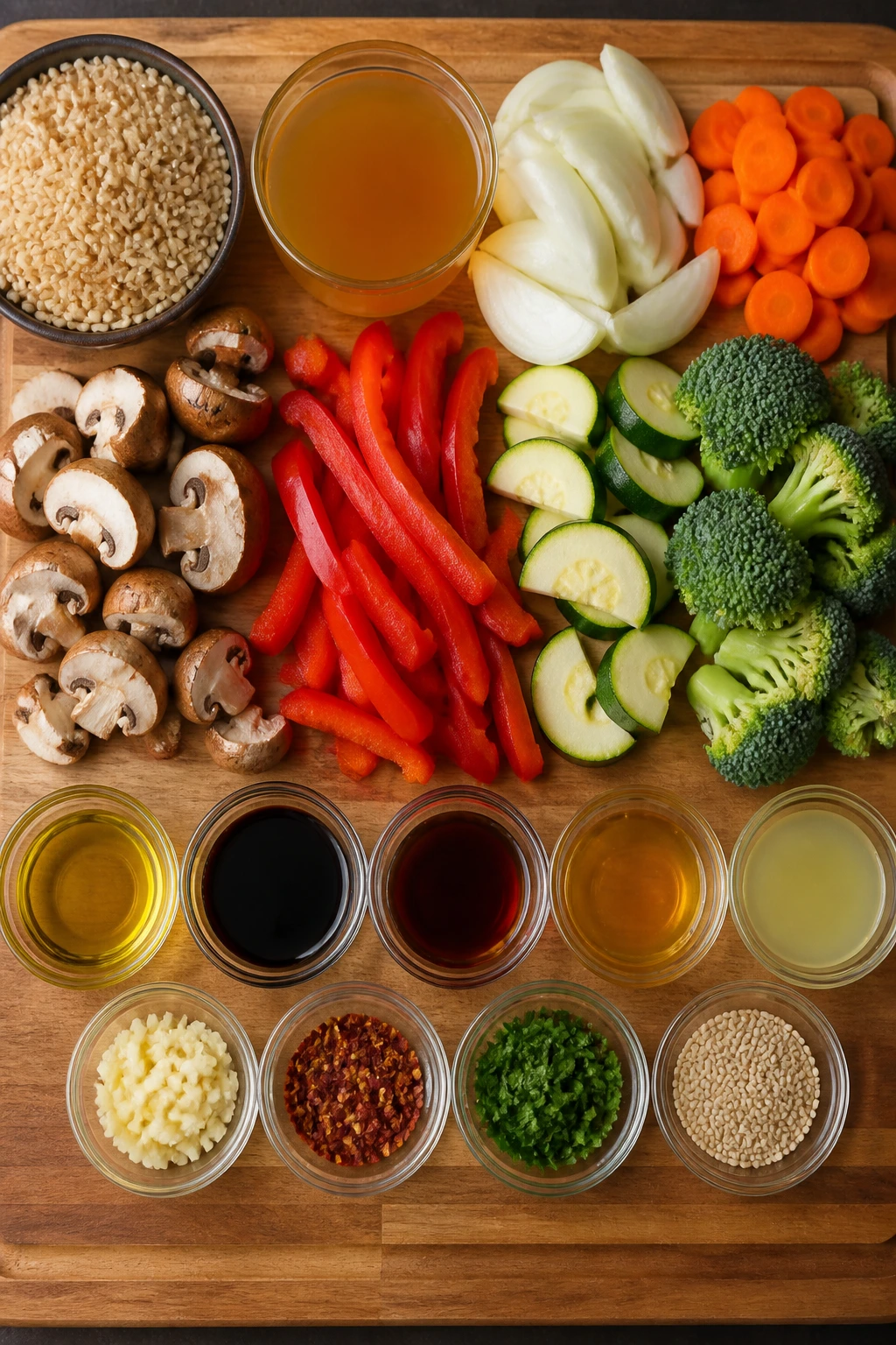 Ingredient lineup for caramelized vegetables and rice bowl arranged visually