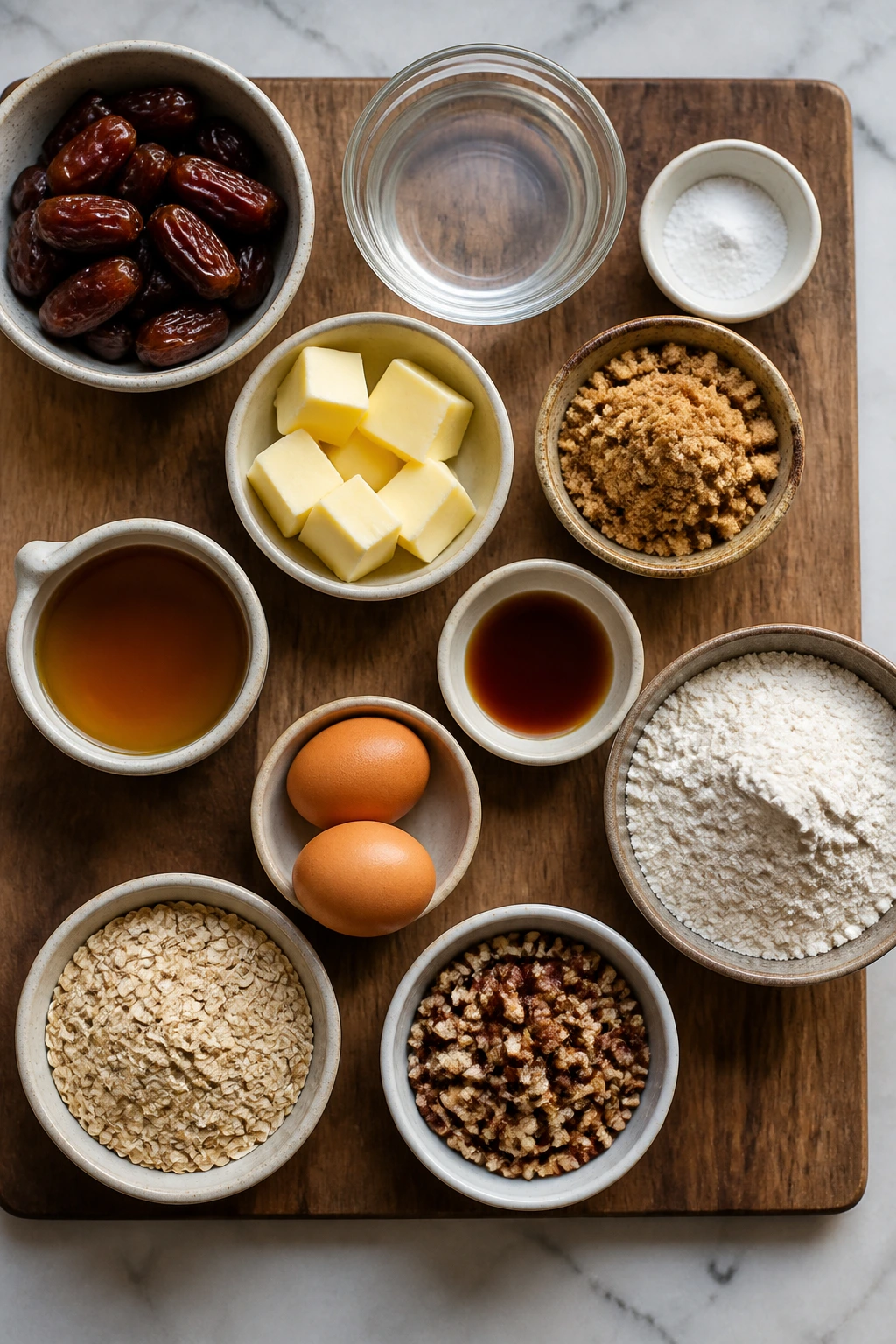 Overhead view of bowls with key baking ingredients for the bars arranged on a counter