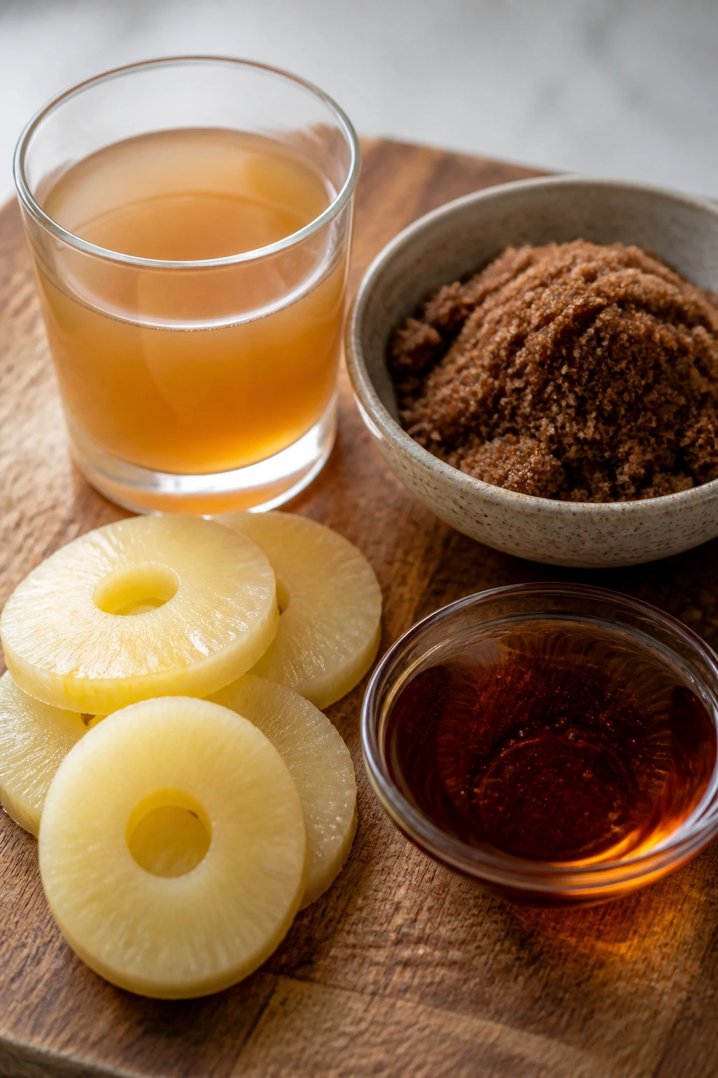 Close-up of cutting board with pineapple rings, cider, brown sugar, and maple syrup arranged neatly