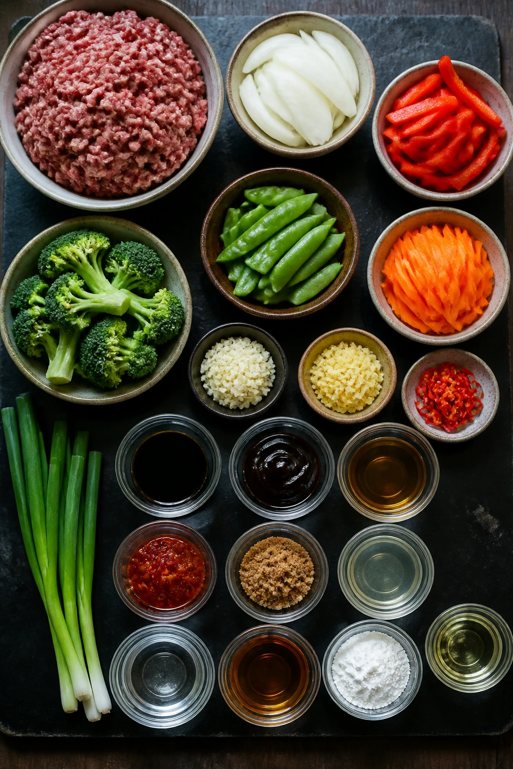 Top-down view of the full ingredient list for spicy ground beef stir fry