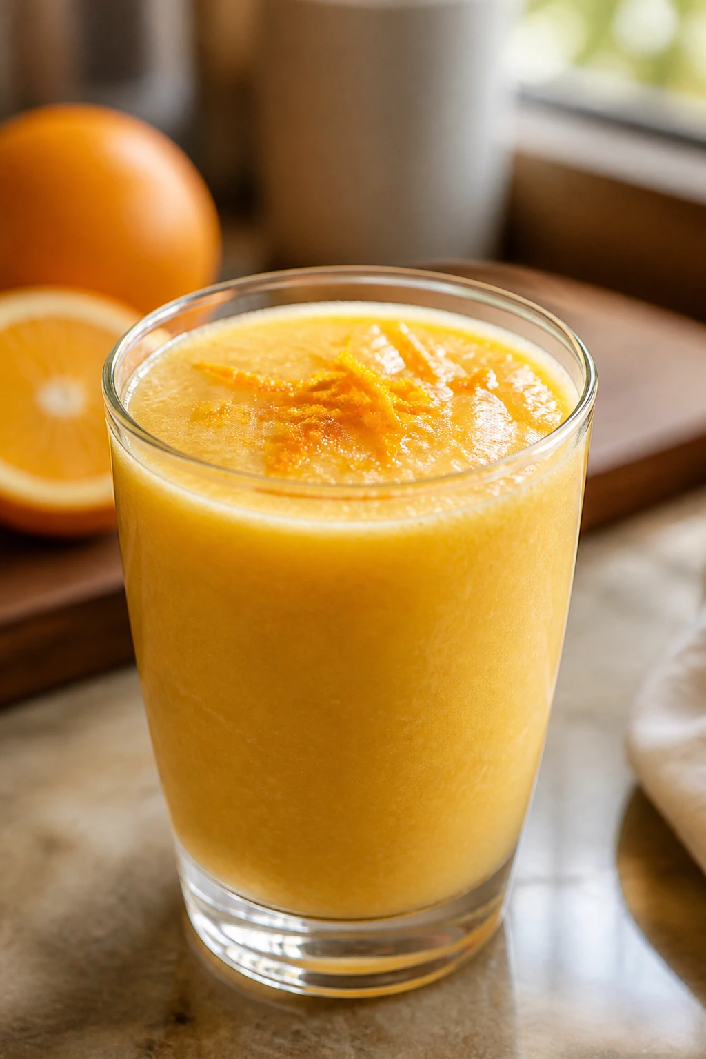 Close-up of smoothie with orange zest garnish in a glass