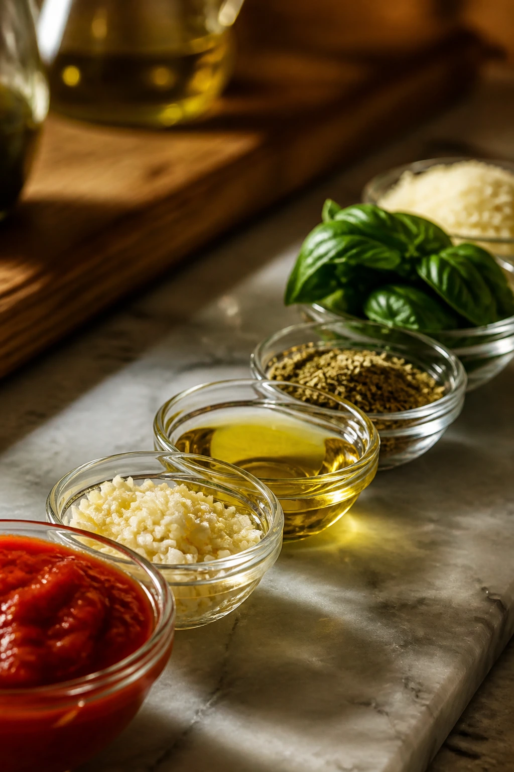 Close-up of key ingredients for herbed naan pizza