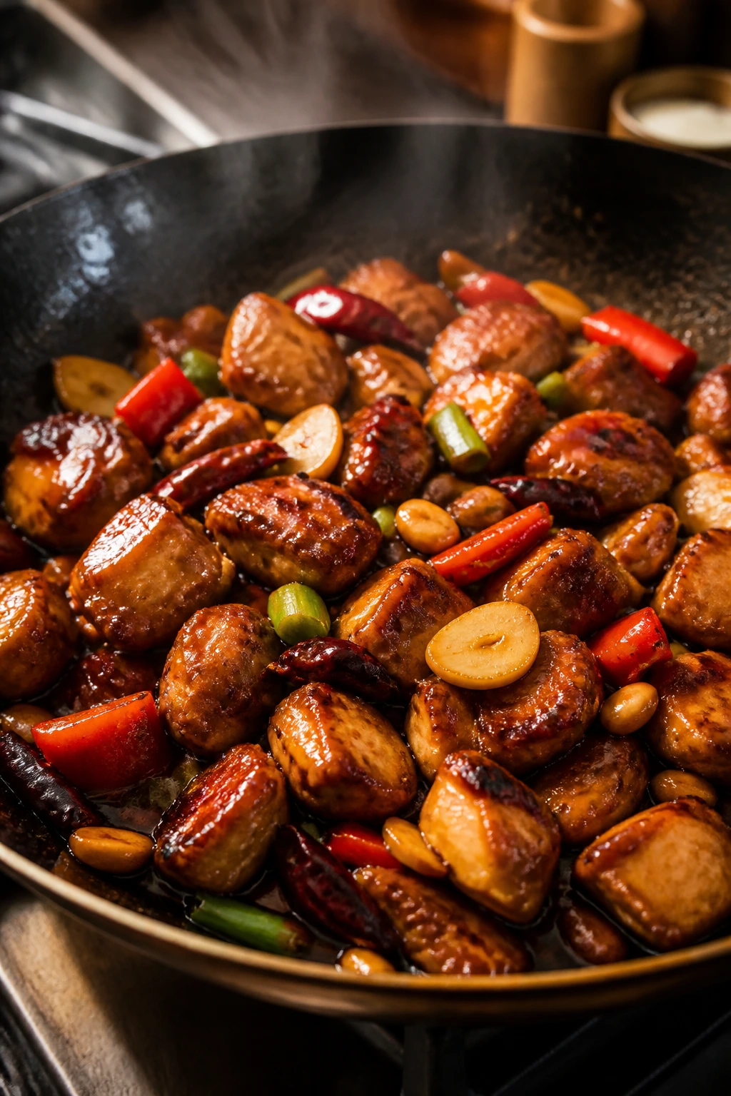 Close-up of sizzling pan with chicken and aromatics