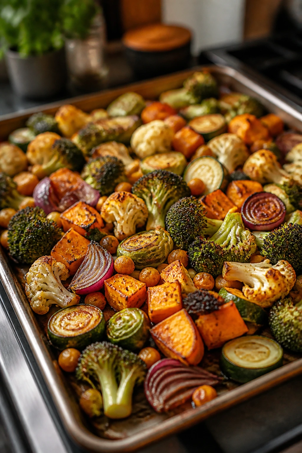 Close-up of diverse vegetables on a baking sheet highlighting textures