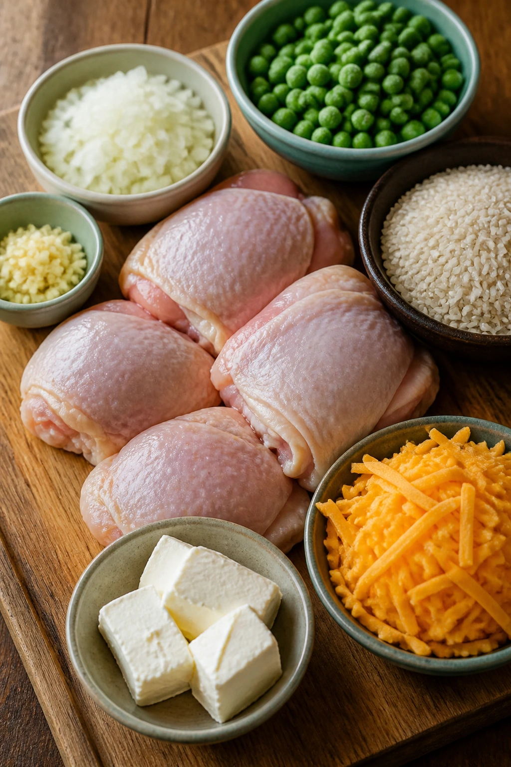 Ingredients arranged on cutting board: chicken thighs, onion, garlic, rice, cream cheese, cheddar, peas