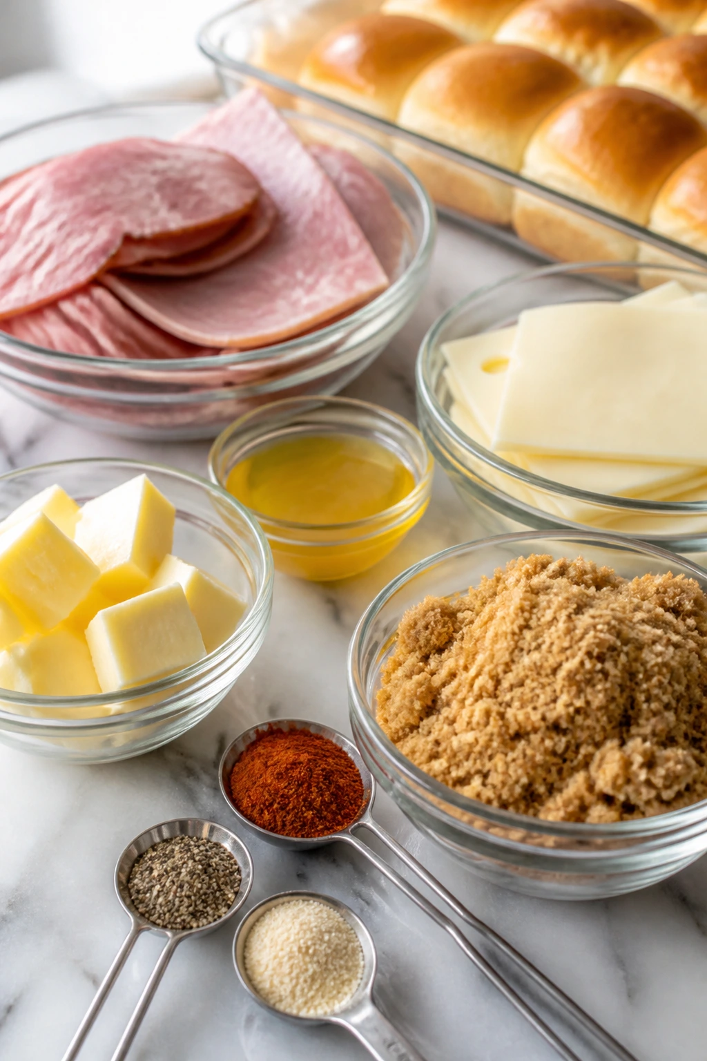 Measured ingredients arranged on a marble counter for slider glaze