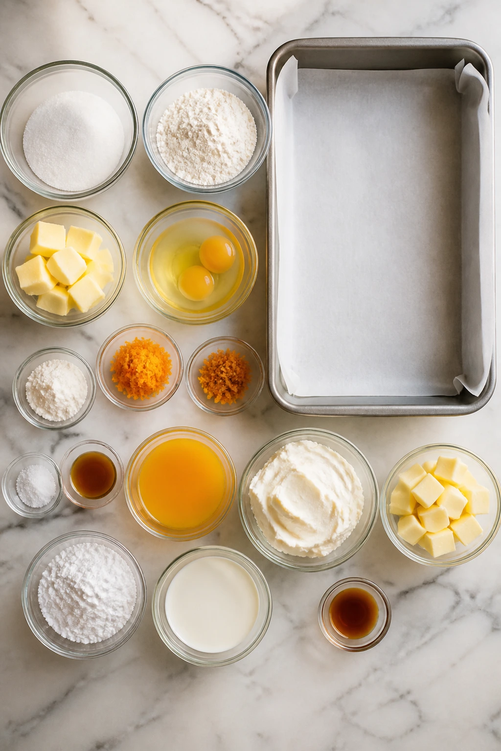 Top-down view of measured ingredients and lined baking pan