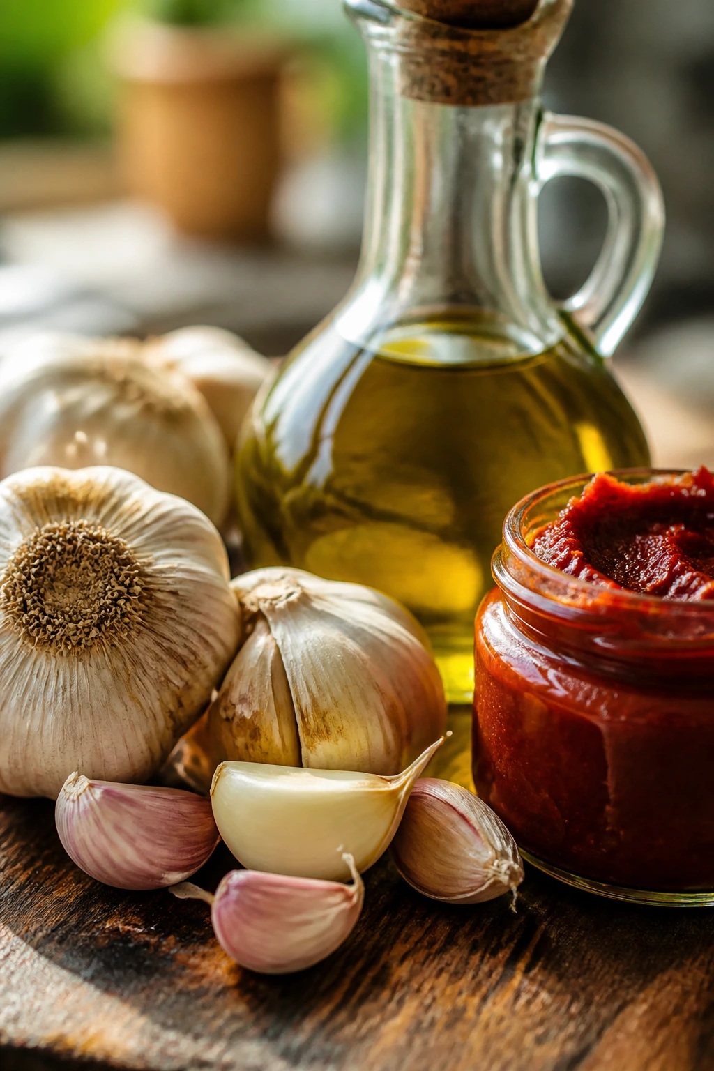 Close-up of garlic, olive oil, and tomato paste on a wooden counter