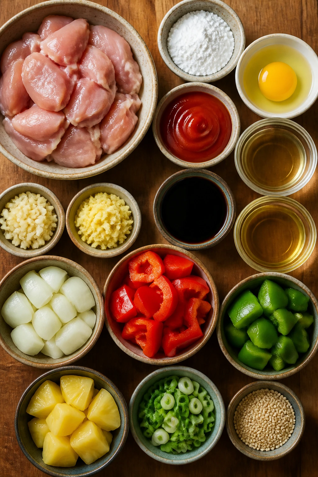 Top-down mise en place of ingredients for sweet and sour chicken